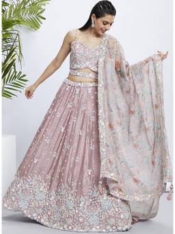 Panchhi - Pink Sequins and Embroidery Semi-Stitched Lehenga-Choli with Dupatta and Belt (Set of 4)