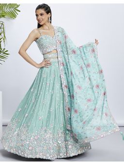 Panchhi - Sea Green Sequins Embroidery Semi-Stitched Lehenga-Blouse with Dupatta and Belt (Set of 4)