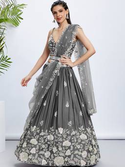 Panchhi - Grey Sequins- Embroidery Semi-Stitched Lehenga-Blouse with Dupatta and Belt (Set of 4)