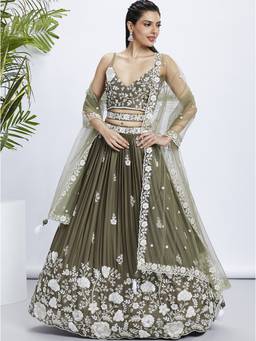 Panchhi - Olive Sequins- Embroidery Semi-Stitched Lehenga-Blouse with Dupatta and Belt (Set of 4)