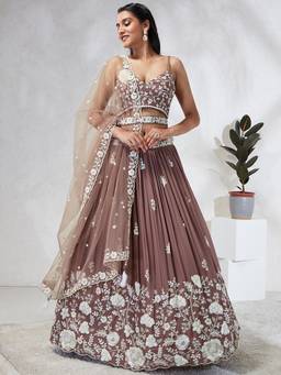 Panchhi - Mauve Sequins Embroidery Semi-Stitched Lehenga-Blouse with Dupatta and Belt (Set of 4)
