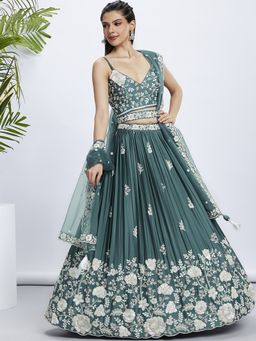 Panchhi - Teal Sequins and Embroidery Semi-Stitched Lehenga-Choli with Dupatta and Belt (Set of 4)