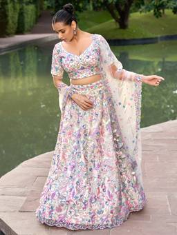 Panchhi - Cream Heavy Sequin Embroidery Semi-Stitched Lehenga-Choli with Dupatta (Set of 3)