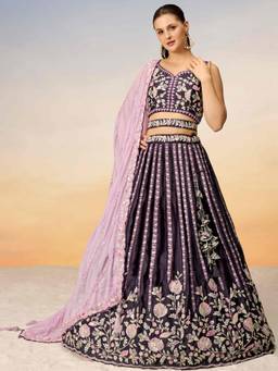 Panchhi - Purple Sequins with Embroidery Semi-Stitched Lehenga-Choli with Dupatta and Belt (Set of 4)