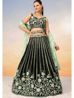 Panchhi - Green Sequins with Embroidery Semi-Stitched Lehenga-Choli with Dupatta and Belt (Set of 4)