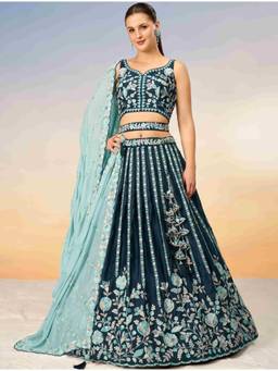Panchhi - Teal Sequins with Embroidery Semi-Stitched Lehenga-Choli with Dupatta and Belt (Set of 4)