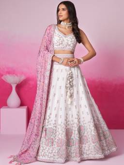 Panchhi - White Sequins- Embroidery Semi-Stitched Lehenga-Blouse with Dupatta and Belt (Set of 4)