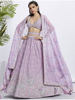 Panchhi - Lavender Sequins- Embroidery Semi-Stitched Lehenga-Blouse with Dupatta and Belt (Set of 4)