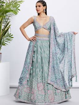 Panchhi - Lime Green Sequins Embroidery Semi-Stitched Lehenga-Blouse with Dupatta and Belt (Set of 4)