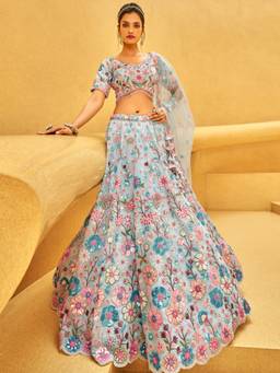 Panchhi - Turquoise Sequin Embroidery Semi-Stitched Lehenga-Choli with Dupatta (Set of 3)