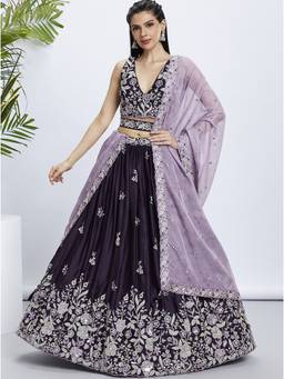 Panchhi - Purple Sequins- Embroidery Semi-Stitched Lehenga-Blouse with Dupatta and Belt (Set of 4)