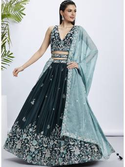 Panchhi - Teal Sequins and Embroidery Semi-Stitched Lehenga-Choli with Dupatta and Belt (Set of 4)