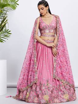 Panchhi - Pink Blue Sequins and Embroidery Semi-Stitched Lehenga-Choli and Printed Dupatta (Set of 3)