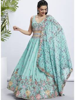 Panchhi - Turquoise Sequins and Embroidery Semi-Stitched Lehenga-Choli and Printed Dupatta (Set of 3)