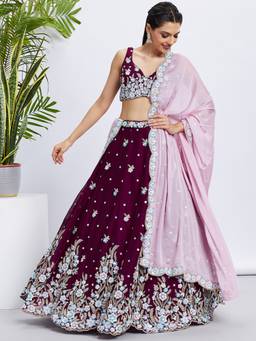 Panchhi - Burgundy Georgette Sequins Embroidery Semi-Stitched Lehenga Choli and Dupatta (Set of 3)