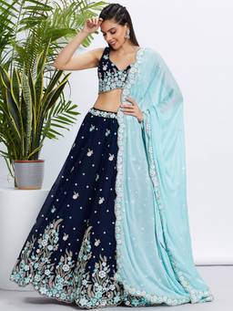 Panchhi - Navy Blue Georgette Sequins Embroidery Semi-Stitched Lehenga Choli and Dupatta (Set of 3)