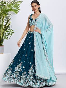 Panchhi - Teal Georgette Sequins and Embroidery Semi-Stitched Lehenga Choli and Dupatta (Set of 3)