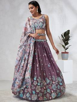 Panchhi - Mauve Sequins- Embroidery Semi-Stitched Lehenga-Blouse with Dupatta and Belt (Set of 4)