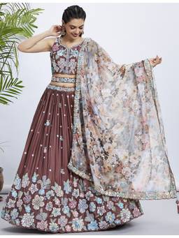 Panchhi - Brown Sequins- Embroidery Semi-Stitched Lehenga-Blouse with Dupatta and Belt (Set of 4)