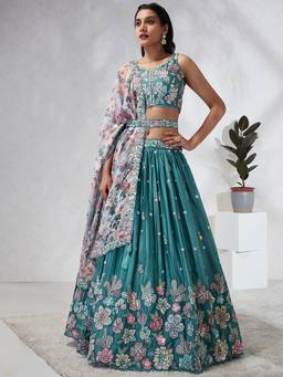 Panchhi - Turquoise Sequins Embroidery Semi-Stitched Lehenga-Blouse with Dupatta and Belt (Set of 4)