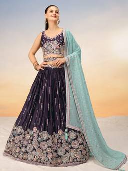 Panchhi - Burgundy Sequins Embroidery Semi-Stitched Lehenga-Blouse with Dupatta and Belt (Set of 4)