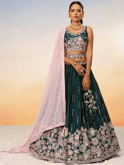 Panchhi - Green Sequins with Embroidery Semi-Stitched Lehenga-Choli with Dupatta and Belt (Set of 4)