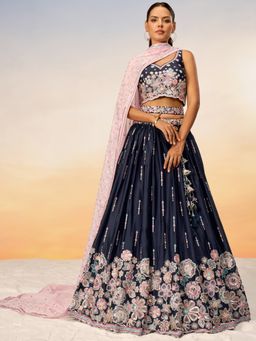 Panchhi - Navy Blue Sequins Embroidery Semi-Stitched Lehenga-Blouse with Dupatta and Belt (Set of 4)