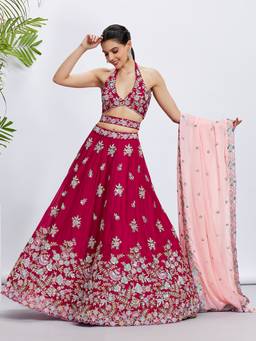 Panchhi - Rose Pure Sequins- Embroidery Semi-Stitched Lehenga-Blouse with Dupatta and Belt (Set of 4)