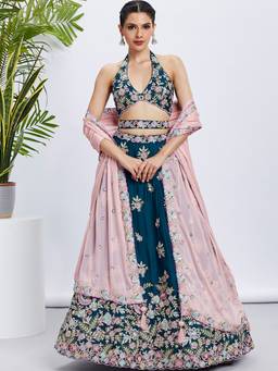 Panchhi - Teal Sequins- Embroidery Semi-Stitched Lehenga-Blouse with Dupatta and Belt (Set of 4)