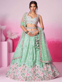 Panchhi - Lime Green Sequins Embroidery Semi-Stitched Lehenga-Blouse with Dupatta and Belt (Set of 4)