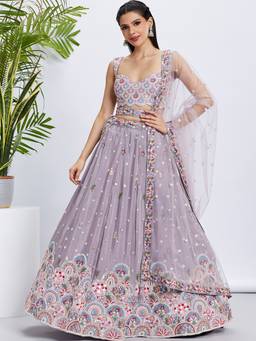 Panchhi - Lavender Sequins- Embroidery Semi-Stitched Lehenga-Blouse with Dupatta and Belt (Set of 4)