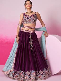 Panchhi - Burgundy Sequin Embroidery Semi-Stitched Lehenga-Choli with Dupatta and Belt (Set of 4)