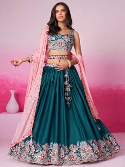 Panchhi - Teal Satin Sequin Embroidery Semi-Stitched Lehenga-Choli with Dupatta and Belt (Set of 4)
