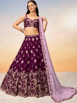 Panchhi - Burgundy Sequins Embroidery Semi-Stitched Lehenga-Choli with Dupatta and Belt (Set of 4)