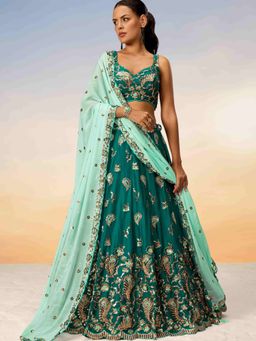 Panchhi - Green with Sequins Embroidery Semi-Stitched Lehenga-Blouse with Dupatta and Belt (Set of 4)