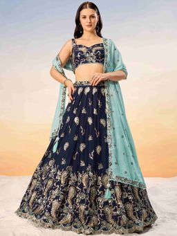 Panchhi - Navy Blue Sequins Embroidery Semi-Stitched Lehenga-Blouse with Dupatta and Belt (Set of 4)
