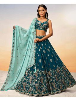 Panchhi - Teal with Sequins Embroidery Semi-Stitched Lehenga-Blouse with Dupatta and Belt (Set of 4)