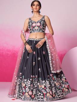 Panchhi - Grey Silk Sequin Embroidery Semi-Stitched Lehenga-Choli with Dupatta and Belt (Set of 4)