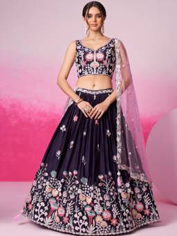 Panchhi - Purple Silk Sequin Embroidery Semi-Stitched Lehenga-Choli with Dupatta and Belt (Set of 4)
