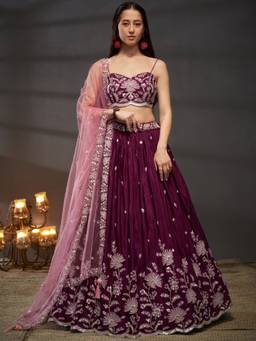 Panchhi - Burgundy Sequins Embroidery Semi-Stitched Lehenga-Choli with Dupatta and Belt (Set of 4)