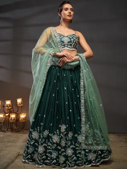 Panchhi - Green Sequins Embroidery Semi-Stitched Lehenga-Choli with Dupatta and Belt (Set of 4)