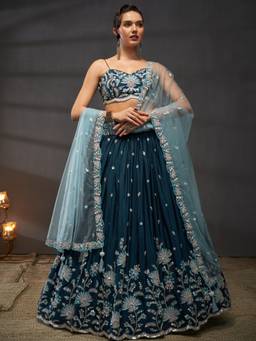 Panchhi - Teal Chiffon Sequins Embroidery Semi-Stitched Lehenga-Choli with Dupatta and Belt (Set of 4)