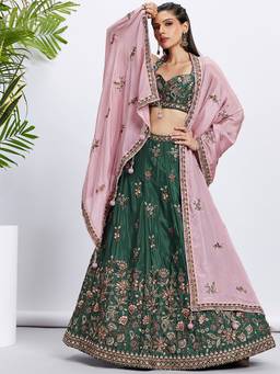 Panchhi - Green Chiffon Sequins and Embroidery Semi-Stitched Lehenga Choli and Dupatta (Set of 3)