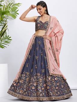 Panchhi - Violet Chiffon Sequins and Embroidery Semi-Stitched Lehenga Choli and Dupatta (Set of 3)