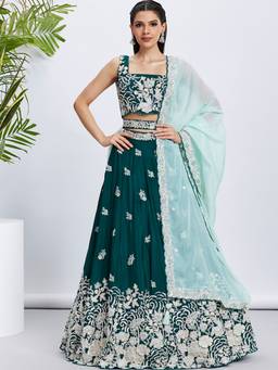 Panchhi - Green Sequins- Embroidery Semi-Stitched Lehenga-Blouse with Dupatta and Belt (Set of 4)