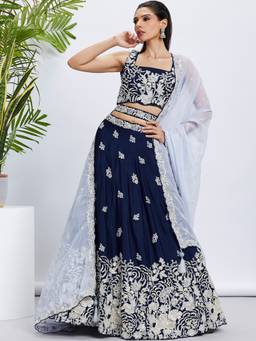 Panchhi - Navy Blue Sequins Embroidery Semi-Stitched Lehenga-Choli with Dupatta and Belt (Set of 4)