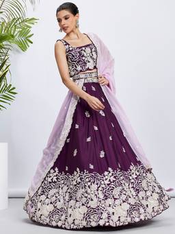 Panchhi - Purple Sequins- Embroidery Semi-Stitched Lehenga-Blouse with Dupatta and Belt (Set of 4)