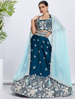 Panchhi - Teal Sequins- Embroidery Semi-Stitched Lehenga-Blouse with Dupatta and Belt (Set of 4)
