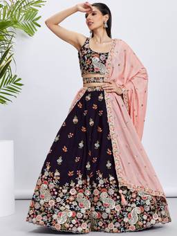 Panchhi - Purple Sequins and Embroidery Semi-Stitched Lehenga-Blouse with Dupatta and Belt (Set of 4)
