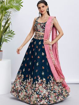 Panchhi - Navy Blue Sequins Embroidery Semi-Stitched Lehenga-Blouse with Dupatta and Belt (Set of 4)